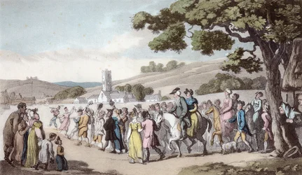 The Welcome, ilustração de &39;The Vicar of Wakefield&39; por Oliver Goldsmith, pub. Ackermann, 1817 (aquatinta colorida à mão)